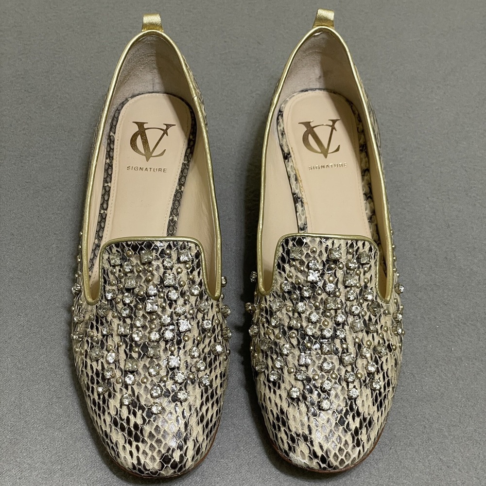 Snake Skin Dress Loafer Flats Shoes Sz‎ 9 Block Heel bedazzled Gold Driving Shoe
